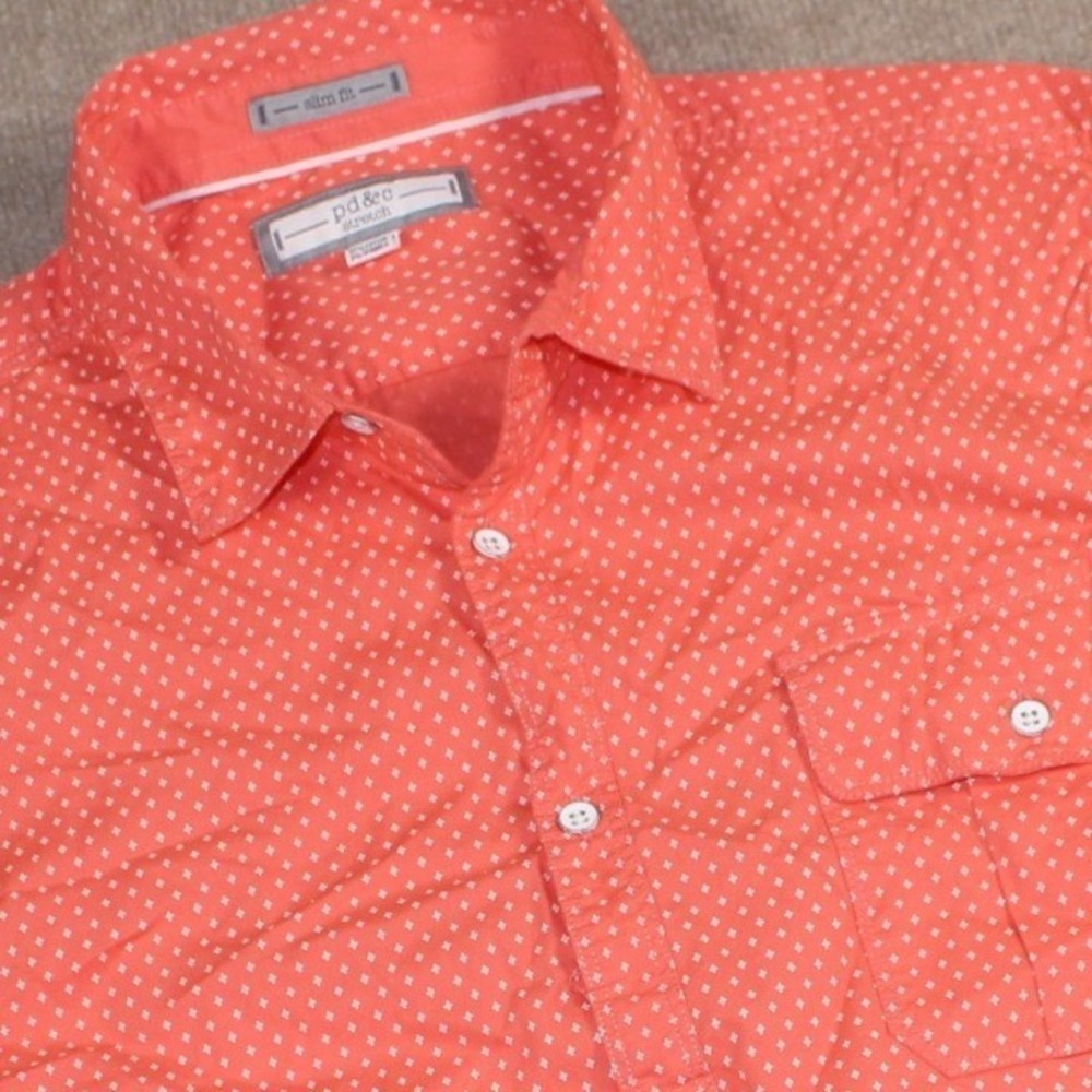 pd&c Stretch Mens XL Slim Fit Short Sleeve Button Down Shirt Coral Diamond Print